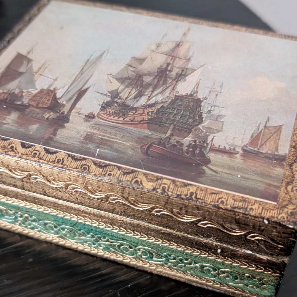 Vintage Florentine Florentia Wooden Trinket Box Ships Seascape